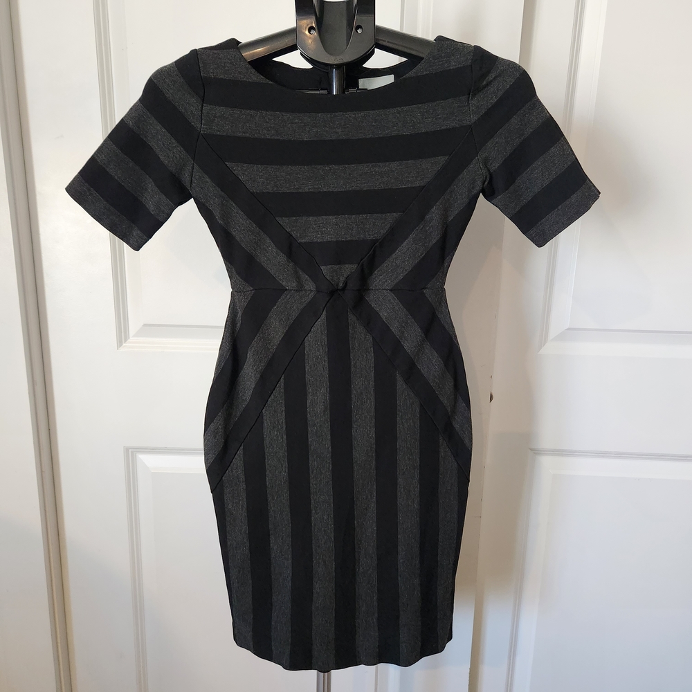 Maeve Black and Gray Striped Short Sleeve Bodycon Sheath Dress